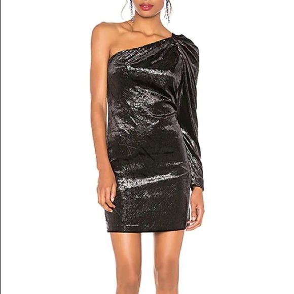 BCBGMAXAZRIA One Shoulder Long Sleeve Shimmer Velvet Mini Dress Black 4 - Picture 2 of 9